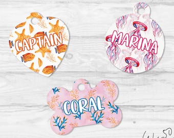 Etichetta del collare per cani a lio oceanico, tag animale domestico personalizzato, etichetta per gatti estivi, etichetta del cane tropicale, tag id animale domestico, etichetta per animali domestici oceanici, etichetta del cane corallo, etichetta del cane di pesce