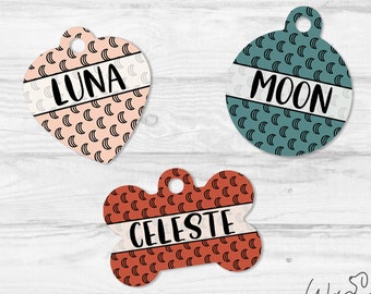 Boho Crescent Moon Dog Tag, Rustic Cat Tag, Moon Astrology Personalized Pet tag, Lunar Name Tag, Girl Boy Pet Tag, Cat Accessory for collar