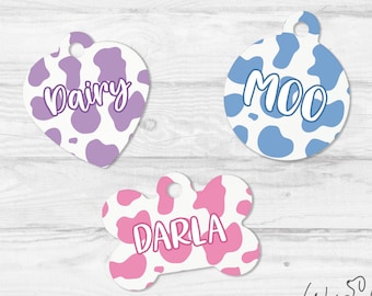 Cow Print Dog Tag, Pink Animal ID Tag, Purple Farm Dog Tag Double Sided, Blue Moo Custom Dog Tag Personalized Pet Tag, Girl Dog Tag