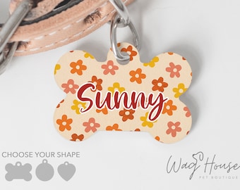 Retro Floral Dog Tag Boho Dog Tag, Hippie Pet Tag, Hipster 70's Dog Tag, Daisy Floral Personalized Pet tag, Dog Name Tag, Dog Tag For Dog