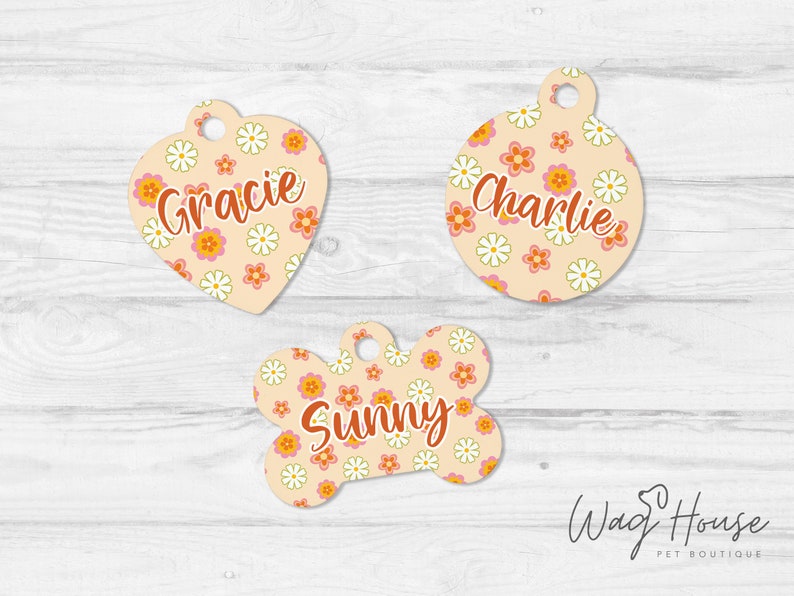 Boho Dog Tag Retro Dog Tag, Hippie Pet Tag, Hipster Dog Tag, Daisy Floral Gepersonaliseerde Pet tag, Hond Naamplaatje, Dog Tag voor hond afbeelding 2