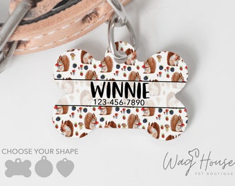 Squirrel Dog Tag, Animal ID Tag, Squirrel and Berries Dog Tag Double Sided, Custom Dog Tag Personalized Pet Tag