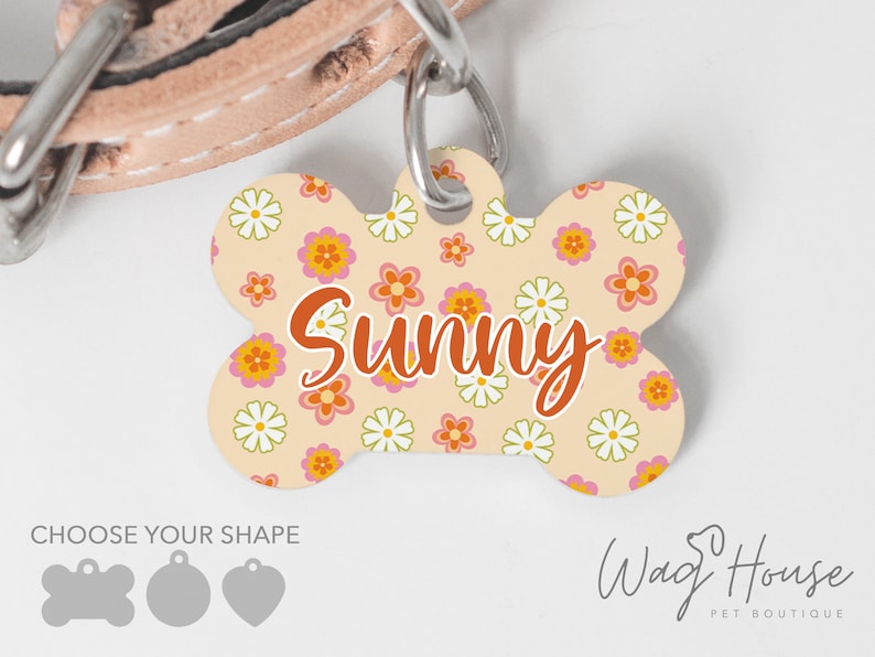 Boho Dog Tag Retro Dog Tag, Hippie Pet Tag, Hipster Dog Tag, Daisy Floral Gepersonaliseerde Pet tag, Hond Naamplaatje, Dog Tag voor hond afbeelding 1