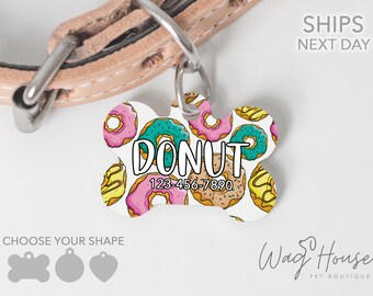 Donut Print Hundemarke, Essen ID-Tag, Zuckerguss Hundemarke doppelseitig, benutzerdefinierte Hundemarke personalisierte Haustiermarke, Mädchen Hundemarke
