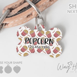 Popcorn Pet Tag, Food Dog Tag, Funny Pet Accessories, Weiner Dog Tag, Double Sided Dog Tag for Dog, Custom Pet Tag