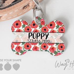 Poppy Flower Dog Tag, Floral ID Tag, Summer Dog Tag Double Sided, Poppy Custom Dog Tag Personalized Pet Tag, Girl Dog Tag, Red Flower