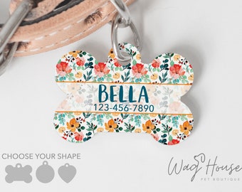 Floral Pet ID Tag, Double Sided Dog Tag for Dog, ID Tag Floral, Summer Custom Pet Tag, Spring Floral Dog Tag, Personalized Flower Pet Tag