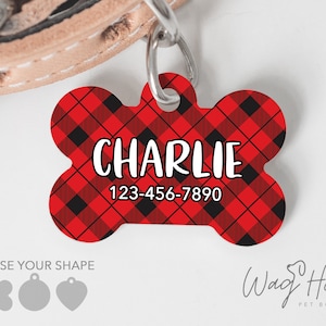 Red Black Buffalo Plaid Dog Tag, Personalized Dog Tag for Pet, Custom Cat Tag, Double Sided Dog Tag, Plaid Pet Tag, Christmas Dog  Accessory
