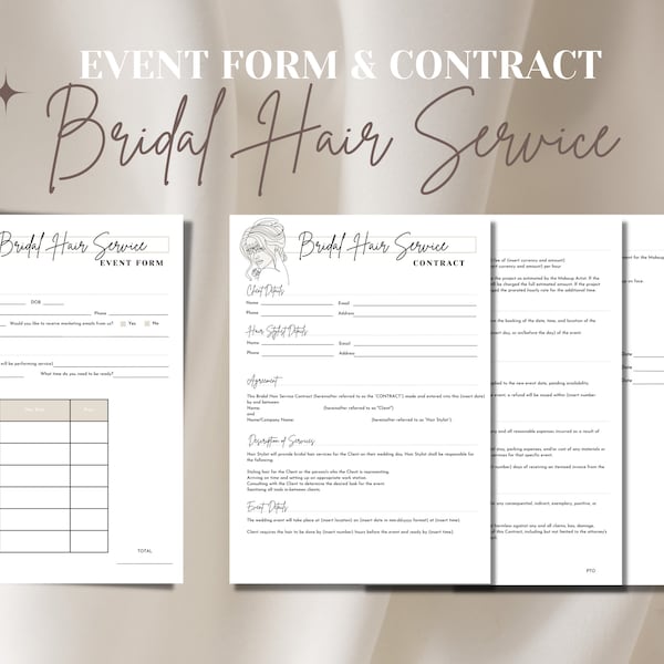 Bridal Hair Contract, Hair Stylist Contract, Bridal Hair Consent, Bridal Hair Agreement, Hair Stylist Form, Hair Event Form, Hair Styling