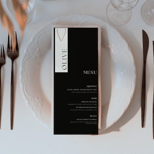 Menú de boda en blanco y negro, tarjeta con nombre de lugar, menú digital, nombres de lugares, menú simple, nombres de mesas, boda en blanco y negro, menú imprimible