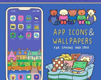 Peut inclure: Un écran de téléphone bleu avec des icônes d'applications colorées et une illustration de dessin animé d'une ville avec des maisons, des arbres et un quai. Le texte "The Fluffy Club" est en haut de l'image. Le texte "APP ICONS & WALLPAPERS FOR IPHONE AND IPAD" est au centre de l'image. Le texte "CHONNI. ANDCO" est en bas de l'image.