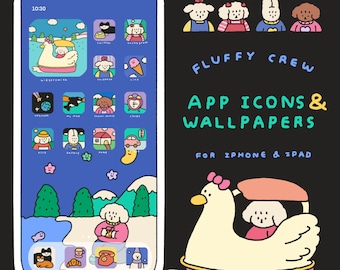 Peut inclure: Une maquette d'écran de téléphone avec un fond bleu et une grille d'icônes d'applications colorées représentant de mignons animaux de dessin animé. Les icônes sont disposées en grille et comprennent des images de cygne, de chien, de chat, d'horloge, de voiture et d'étoile. Le texte "FLUFFY CREW APP ICONS & WALLPAPERS FOR IPHONE & IPAD" est affiché en haut de l'écran.