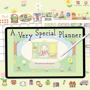 May include: A digital planner with the text "A Very Special Planner" on the screen. The planner features a cartoon dog reading a book, surrounded by a floral and tree design. The background is light green with cartoon illustrations.
