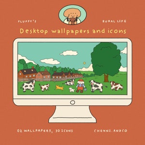 Pode incluir: Um ecrã de computador a mostrar uma ilustração de desenho animado de uma paisagem rural com casas, uma árvore, vacas e uma pessoa. O texto "FLUFFY'S Desktop wallpapers and icons" está no topo do ecrã. O texto "02 WALLPAPERS, 30 ICONS" está na parte inferior do ecrã. O texto "CHONNI.ANDCO" está na parte inferior direita do ecrã.