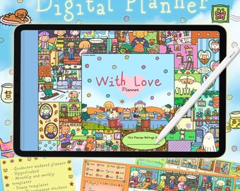 May include: A digital planner with a cute cartoon design featuring dogs, flowers, and a tea party. The planner includes monthly and weekly templates, diary templates, and over 70 transparent stickers. The text "With Love Planner" is featured on the cover.