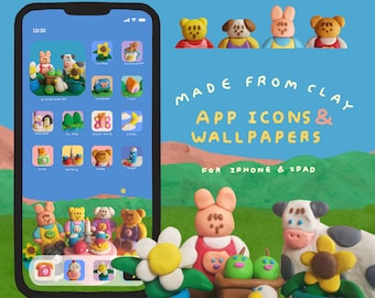 Peut inclure: Une scène d'art en argile fantaisiste présentant des icônes d'applications et des fonds d'écran pour iPhone et iPad. La scène comprend des figurines d'argile colorées d'ours, de chiens et de lapins, ainsi que des fleurs et une vache. Le texte indique "MADE FROM CLAY APP ICONS & WALLPAPERS FOR IPHONE & IPAD."