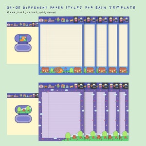 May include: Five different paper styles for a planner or notebook. The styles include blank, lined, cornell, grid, and dotted. Each style has a different border with a cartoon theme.