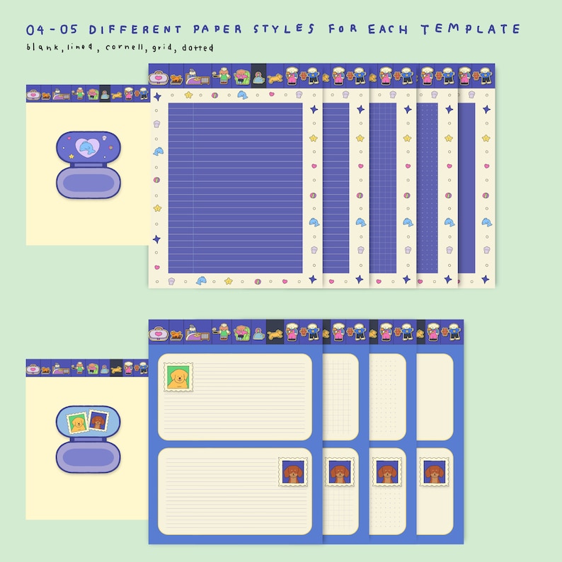 May include: Five different paper styles for a planner or notebook. The styles include blank, lined, cornell, grid, and dotted. Each style has a different border with cute illustrations of animals and objects. The text "04-05 DIFFERENT PAPER STYLES FOR EACH TEMPLATE" is at the top of the image.