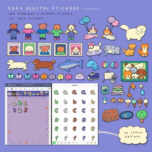 May include: A set of 200+ digital stickers featuring a variety of cute illustrations, including animals, letters, numbers, and other decorative elements. The stickers are in a variety of colors and styles, and are perfect for adding a touch of whimsy to any project.