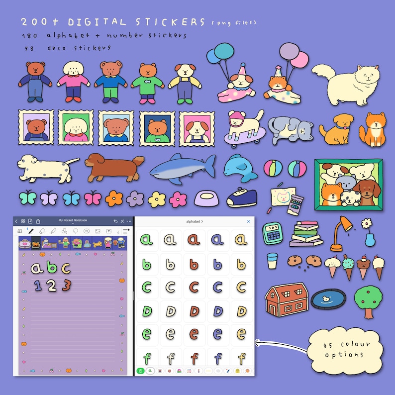 May include: A set of 200+ digital stickers featuring a variety of cute illustrations, including animals, letters, numbers, and other decorative elements. The stickers are in a variety of colors and styles, and are perfect for adding a touch of whimsy to any project.