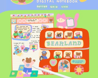May include: A digital notebook app interface with a red double-decker bus illustration. The bus is decorated with cartoon bears and the text "BEARLAND". The app interface has a pink and green background with the text "GOODNOTES DIGITAL NOTEBOOK" and "DOTTED GRID LINE".