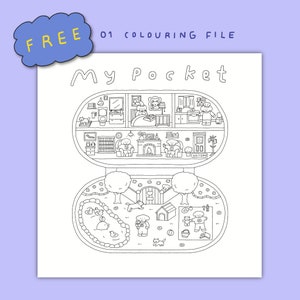 May include: A black and white line drawing of a pocket-sized house with a garden. The house has multiple rooms, including a bedroom, bathroom, kitchen, and living room. The garden has a pond, trees, a dog house, and a picnic blanket. The text "My Pocket" is written above the house.