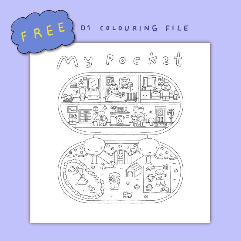 May include: A black and white line drawing of a pocket-sized house with a garden. The house has multiple rooms, including a bedroom, bathroom, kitchen, and living room. The garden has a pond, trees, a dog house, and a picnic blanket. The text "My Pocket" is written above the house.
