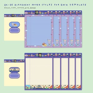 May include: Five different paper styles for note-taking, including blank, lined, cornell, grid, and dotted. Each style features a purple border with a repeating pattern of cute cartoon characters and a blue background. The text "04-05 DIFFERENT PAPER STYLES FOR EACH TEMPLATE" is at the top of the image.