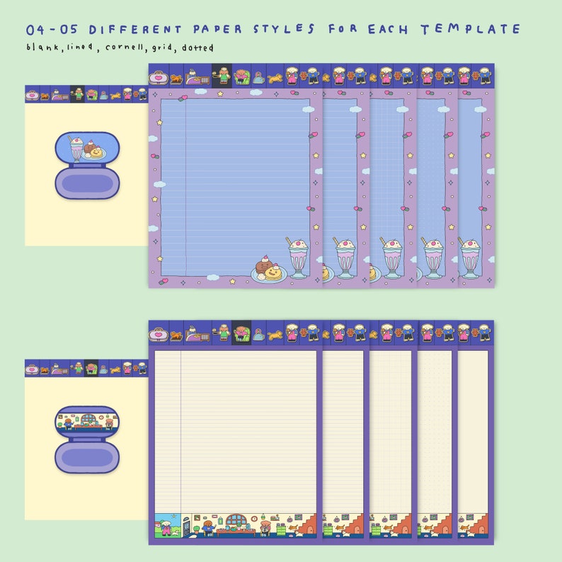 May include: Five different paper styles for note-taking, including blank, lined, cornell, grid, and dotted. Each style features a purple border with a repeating pattern of cute cartoon characters and a blue background. The text "04-05 DIFFERENT PAPER STYLES FOR EACH TEMPLATE" is at the top of the image.