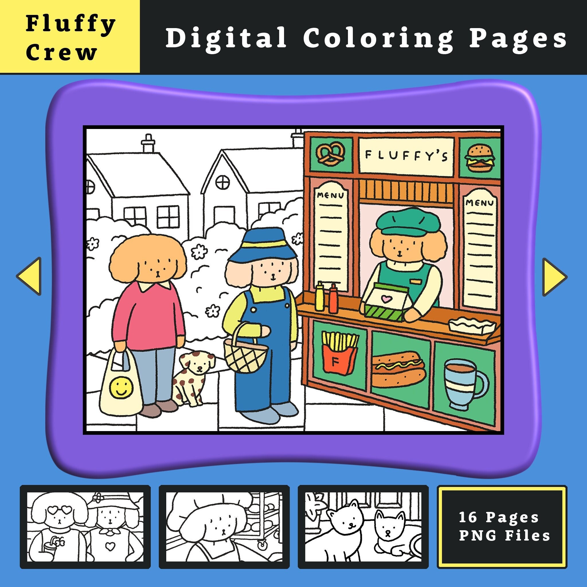 Páginas de colorear digitales lindas – Fluffy Crew en archivos PNG imprimibles (16 páginas, 6x4 pulgadas) + paleta para Procreate