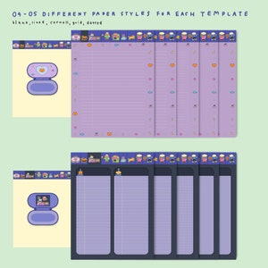May include: Five different paper styles for a planner template. The styles include blank, lined, cornell, grid, and dotted. Each style has a purple background with a border of small, colorful illustrations.