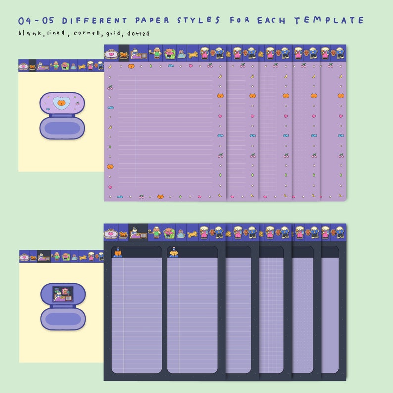 May include: Five different paper styles for a planner template. The styles include blank, lined, cornell, grid, and dotted. Each style has a purple background with a border of small, colorful illustrations.