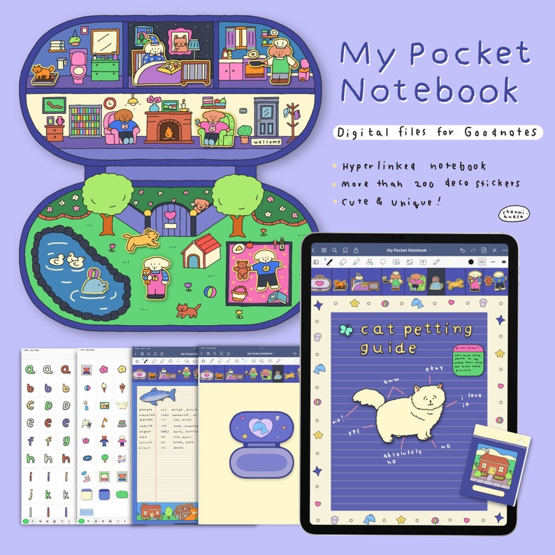 May include: A digital notebook for Goodnotes app with a cute cartoon design. The notebook features a house, a park, and a cat petting guide. The notebook includes over 200 stickers and hyperlinks.