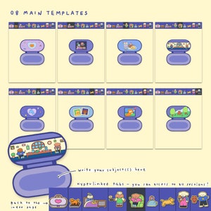 May include: A digital planner template with eight different layouts featuring cute cartoon illustrations. The template includes a section for writing a subject and hyperlinked tabs to access different sections.