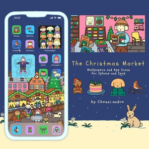 May include: A digital illustration of a Christmas market scene with a phone screen showing app icons and a winter wonderland background. The text "The Christmas Market" is displayed above the phone screen, along with the text "Wallpapers and App Icons for iPhone and iPad" and "by Chonni.andco".