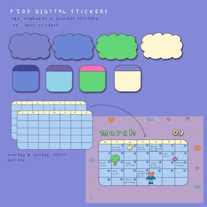 May include: A set of digital stickers for planners and journals. The stickers include a variety of designs, including clouds, boxes, and a calendar. The calendar is for March and has a cute bear illustration. The text on the image reads "+ 200 DIGITAL STICKERS", "180 alphabet + number stickers", "56 deco stickers", "monday & sunday start options", "march", and "03".