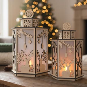 Enchanting Deer Lantern SVG, Laser Cut Winter Scene, Glowforge Christmas Centerpiece, Woodland Holiday Decor Project 919