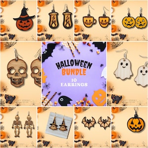 May include: A collection of Halloween-themed earrings, including jack-o'-lanterns, ghosts, bats, and skulls. The earrings are made of wood and feature intricate designs. The image also includes the text "Halloween Bundle 10 Earrings."