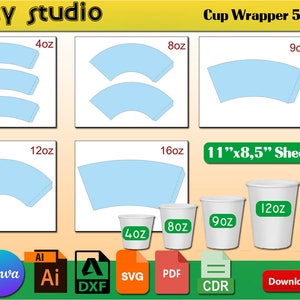 Bundle von Cup Wrapper Vorlage / Blankopapier Kaffeetasse Wrapper / Sublimation, bedruckbar, Diy / 8,5x11 Zoll Blatt / SVG Dxf Ai Cdr 512