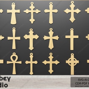 May include: A set of 16 laser cut wood cross shapes, including traditional, ornate, and Celtic designs. The crosses are ready to be painted or stained and are perfect for crafting projects.