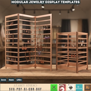May include: A modular jewelry display template made of light brown wood. The display has multiple shelves and holes for hanging earrings, necklaces, and other jewelry. The text "MODULAR JEWELRY DISPLAY TEMPLATES" is at the top. The display is on a wooden surface.