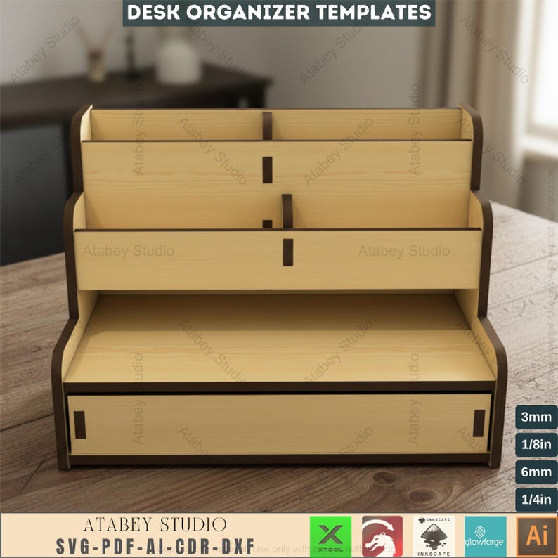 May include: A wooden desk organizer with multiple compartments and a drawer. The organizer has a light wood finish with dark brown trim. The text "DESK ORGANIZER TEMPLATES" is at the top. The bottom of the image has the text "ATABEY STUDIO SVG-PDF-AI-CDR-DXF".