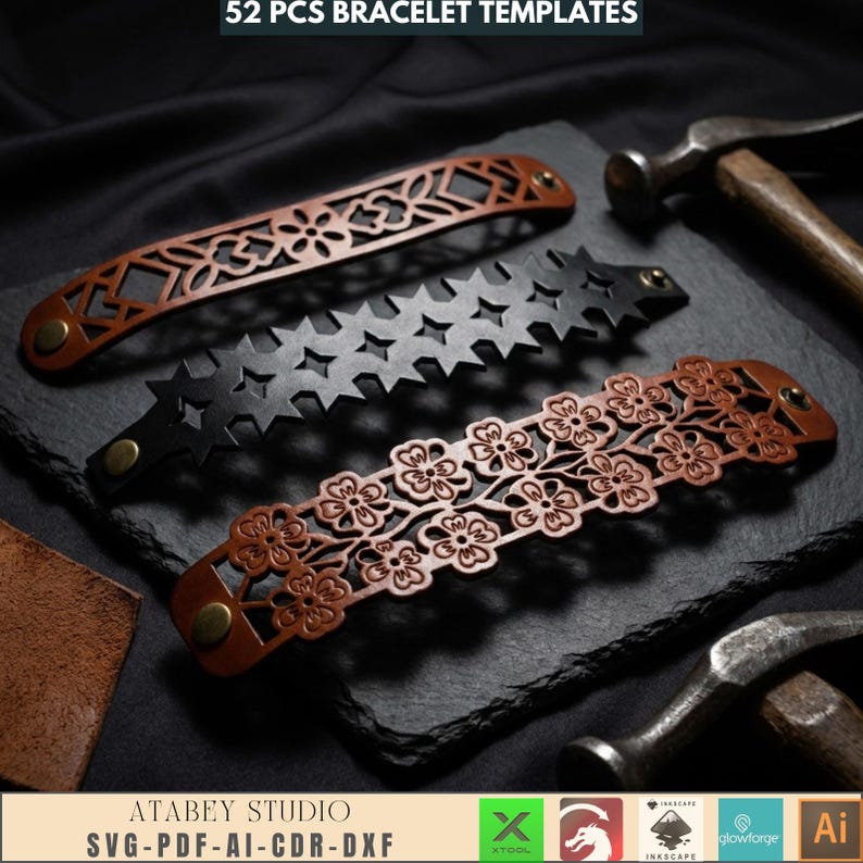 May include: Three leather bracelet templates in brown and black, displayed on a dark surface. The bracelets feature intricate cut-out designs, including floral and geometric patterns. The image also includes text that reads "52 PCS BRACELET TEMPLATES" and "ATABEY STUDIO SVG-PDF-AI-CDR-DXF".