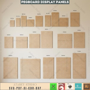 May include: A collection of various-sized pegboard display panels made of light-colored wood. The panels have evenly spaced holes for organizing items. Sizes range from 18x12cm to 72x36cm. The text "PEGBOARD DISPLAY PANELS" is at the top.