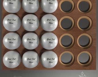 May include: A wooden display rack with 12 round, white, blank golf balls. Each ball has the text "Your Text Here" printed on it.