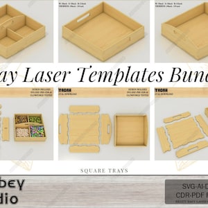 May include: A bundle of laser cut tray templates in various designs. The image shows assembled trays with handles and dividers, along with the disassembled components. The text reads "Tray Laser Templates Bundle" and "Square Trays". The templates are ready for laser cutting.