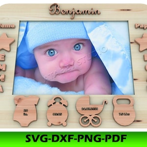 moldura para foto de anúncio de bebê arquivo svg dxf / moldura personalizada com detalhes de nascimento arquivo cortado a laser / moldura de lembrança de bebê detalhes de nascimento vetor 290