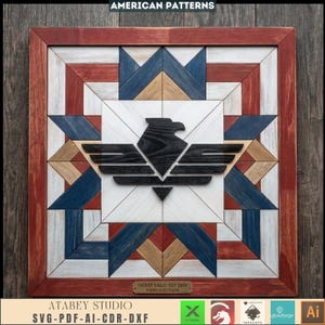 May include: A square wooden wall art piece featuring a geometric quilt-style pattern in red, white, blue, and natural wood tones. A black eagle silhouette is centered on the design. A small metal plaque at the bottom reads PATRIOT EAGLE-EST 2004.