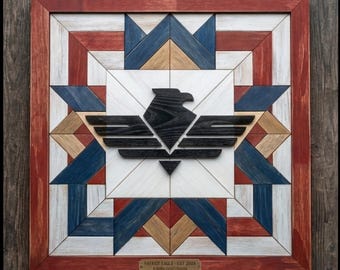 Patriot Eagle Wood Barn Star Quilt Wall-Art American Flag Pattern Mosaic Plywood Block Sign