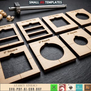 May include: A collection of small wooden jig templates with various cut-out shapes, including squares and circles. The templates are labeled with measurements in inches and the text "SMALL JIG TEMPLATES" is at the top. A metal marking gauge is also present.